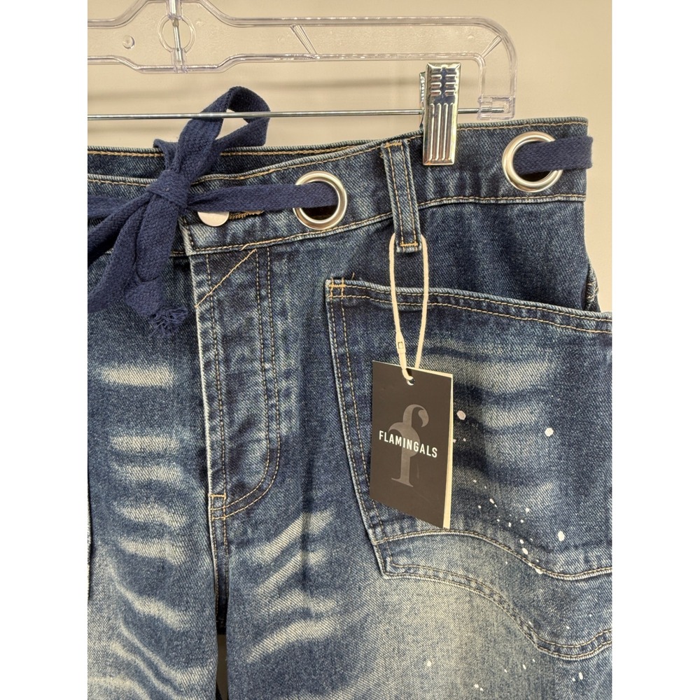 Flamingals Womens Paint Splatter Distressed Cropped Barrel Leg Jeans Blue - Picture 2 of 13